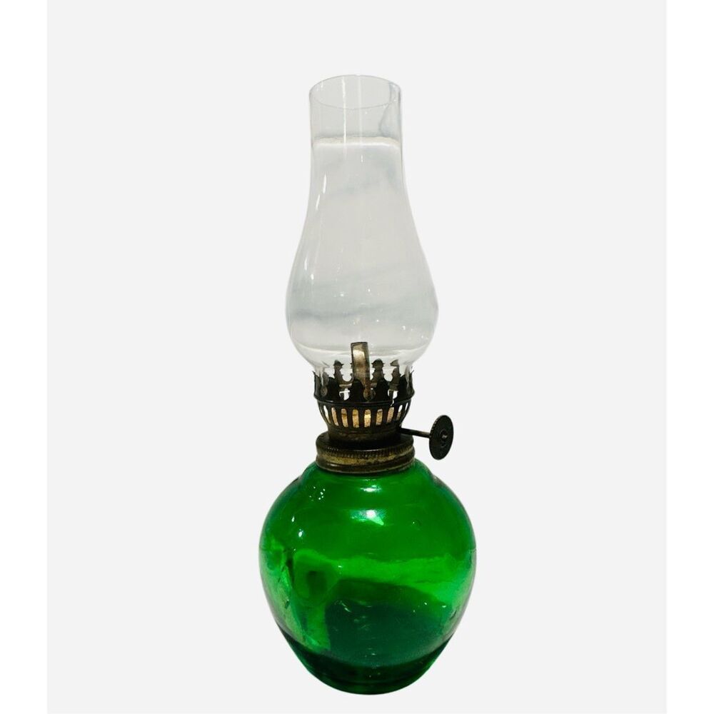 Antique 20th MC Green Kerosene Globe Hurricane Oil Lamp